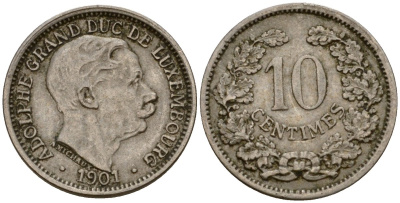 Люксембург 10 сантимов 1901 Адольф (1890-1905) KM 25 медно-никель 4602-423