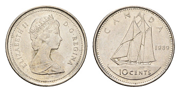 Канада 10 центов 1989 Елизавета II (1952-2022), парусник KM 77 никель 4689-561