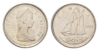 Канада 10 центов 1989 Елизавета II (1952-2022), парусник KM 77 никель 4689-561