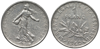 Франция 1 франк 1960 сеятель KM 925.1, Le Franc 226.5 никель 4128-424
