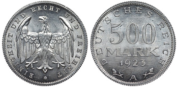 Германия 500 марок 1923 А KM 36, J.305 алюминий UNC 4587-441