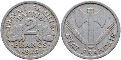 Франция 2 франка 1943 правительство Виши KM 904.1 алюминий 4397-723