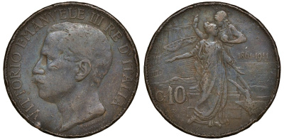 Италия 10 чентезимо 1911 50 лет Королевству Италия (1861-1911) KM 51 медь 4512-924