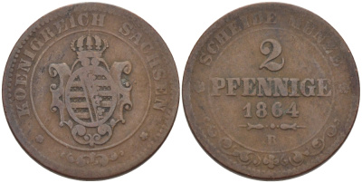 Саксония 2 пфеннига 1864 В, Иоганн (1854-1873) KM 1217, Jaeger 121, AKS 155 медь 100-331