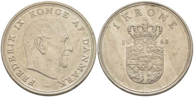 ДАНИЯ 1 КРОНА 1968 C; S, ФРЕДЕРИК IX (1947-1972) KM 851.1 медно-никель 95-515