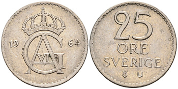 Швеция 25 эре 1964 Густав VI Адольф (1950-1973) KM 836 медно-никель 4580-262