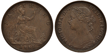 Великобритания 1 фартинг 1885 Виктория (1837-1901) KM 753, Spink 3958 бронза 1523-1232