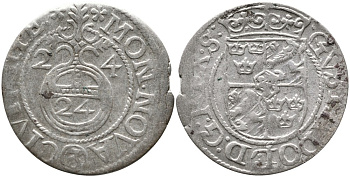 Латвия, Рига 3 ПОЛКЕРА = ПОЛТОРАК = 1/24 ТАЛЕРА = 1/2 ГРОША 1624 ШВЕДСКАЯ ОККУПАЦИЯ, ГУСТАВ VI (1621-1632) S.B. 11 серебро 1520-612