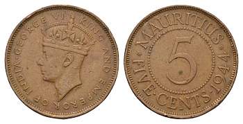 Маврикий 5 центов 1944 Георг VI (1936-1952) KM 20 бронза 84-432