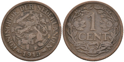 Нидерланды 1 цент 1915 Вильгельмина (1890-1948) KM 152 бронза 4576-715