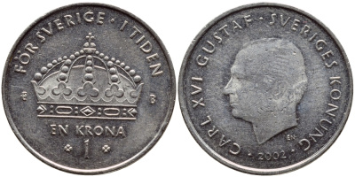 Швеция 1 крона 2002 Карл XVI Густав (1973- ) KM 894 медно-никель 4380-313