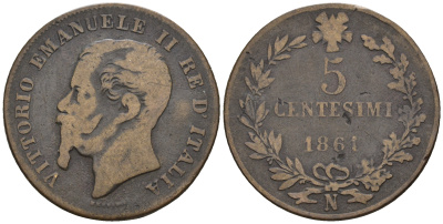 Италия 5 чентезимо 1861 N KM 3.3 медь 176-1321