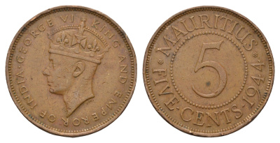 Маврикий 5 центов 1944 Георг VI (1936-1952) KM 20 бронза 84-432