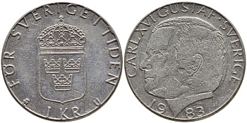 Швеция 1 крона 1983 Карл XVI Густав (1973- ) KM 852a медно-никель 4397-1113
