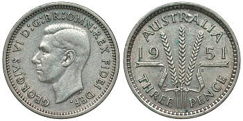 Австралия 3 пенса 1951 m, Георг VI (1937-1952), без букв KM 44 серебро 71-323