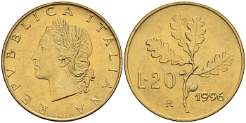 Италия 20 лир 1996 R, дубовый лист KM 97.2 алюминиевая бронза  UNC  4594-1037