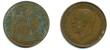Великобритания 1 пенни 1929 Георг V (1910-1936) KM 838, Spink 4055 бронза 41-957