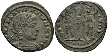 Римская Империя нуммий 336 - 337 Константин II в ранге цезаря GLORIA EXERCITVS Константинополь Good Very fine RIC 138 бронза 1073-9-104