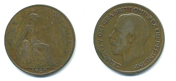 Великобритания 1 пенни 1920 Георг V (1910-1936) KM 810, Spink 4051 бронза 54-2444