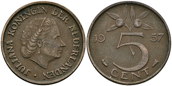 НИДЕРЛАНДЫ 5 ЦЕНТОВ 1957 ЮЛИАНА KM 181 бронза 95-331
