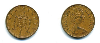 Великобритания 1 пенни 1976 Елизавета II (1952-2022) KM 915, Spink 4237 (B1) бронза 54-1414