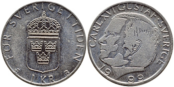 Швеция 1 крона 1999 Карл XVI Густав (1973- ) KM 852a медно-никель 89-1153