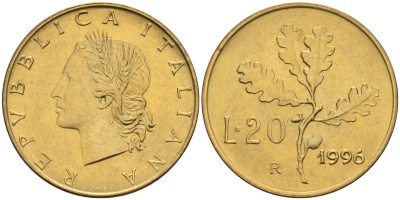 Италия 20 лир 1996 R, дубовый лист KM 97.2 алюминиевая бронза  UNC  4594-1037