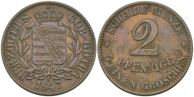 Саксен-Кобург и Гота 2 пфеннига 1847 F KM 110 медь 99-739