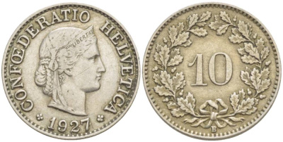 ШВЕЙЦАРИЯ 10 РАППЕНОВ 1927 В KM 27 медно-никель 216-1217