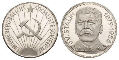 Италия медаль "Иосиф Сталин" ND (1965-1970) Unione Republiche Socialiste Sovietiche, диаметр 35 мм, вес 13,9 гр сталь плакированная серебром PROOF 4653-623