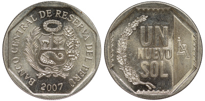 Перу 1 новый соль 2007 KM 308.4 медно-никель UNC 4605-243