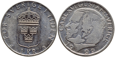 Швеция 1 крона 1999 Карл XVI Густав (1973- ) KM 852a медно-никель 89-1153