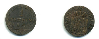 ПРУССИЯ 1 ПФЕННИГ 1827 А KM 405 медь 53-536