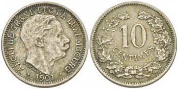 ЛЮКСЕМБУРГ 10 САНТИМОВ 1901 АДОЛЬФ (1890-1905) KM 25 медно-никель 3955-565