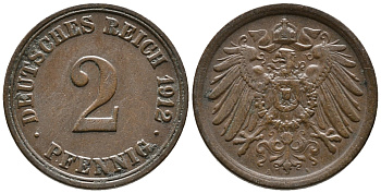 Германия 2 пфеннига 1912 A KM 16, J. 11, Weege 4 медь 39-1235
