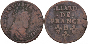 Франция 1 лиард 1657 В, Людовик XIV (1643-1715) KM 192.2 медь 3457-732
