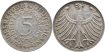 ФРГ 5 МАРОК 1970 D, KM 112.1, J. 387 серебро 4389-333
