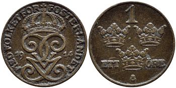 Швеция 1 эре 1914 закрытая 4, Густав V (1907-1950) KM 777.2 бронза 4396-159