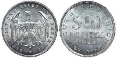 Германия 500 марок 1923 А KM 36, J.305 алюминий UNC 4587-535