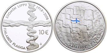 Финляндия 10 евро 2008 90 лет Финскому флагу, цветная эмаль KM 140 серебро  PROOF  1084-9-54