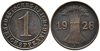 ГЕРМАНИЯ 1 РЕЙХСПФЕННИГ 1928 A KM 37, J. 313 бронза 39-963