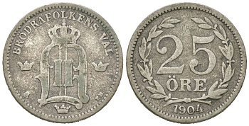 Швеция 25 эре 1904 EB, Оскар II (1872-1907) KM 739 серебро 44-347