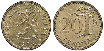 Финляндия 20 пенни 1974 S KM 47 алюминиевая бронза UNC 259-534