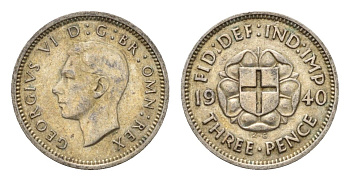 Великобритания 3 пенса 1940 Георг VI (1936-1952) KM 848, Spink 4085 серебро 4644-811