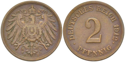Германия 2 пфеннига 1912 F KM 16, J. 11, Weege 4 медь 206-626