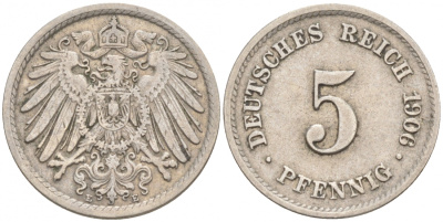 ГЕРМАНИЯ 5 ПФЕННИГОВ 1906 E, KM 11, J. 12 медно-никель 73-1769