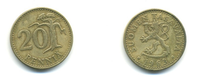 ФИНЛЯНДИЯ 20 ПЕННИ 1963 S KM 47 алюминиевая бронза 80-434