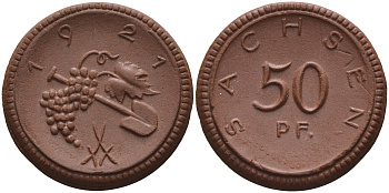 Саксония 50 пфеннигов 1921 виноград и лопата J. N 54 фарфор 1094-5-83