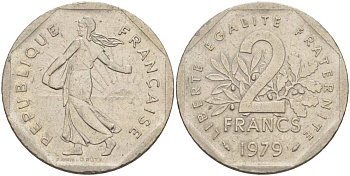 ФРАНЦИЯ 2 ФРАНКА 1979 СЕЯТЕЛЬ KM 942.1, LE FRANC 272.3 никель 4545-921