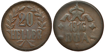 Немецкая Восточная Африка (Танзания) 20 геллеров 1916 T, Ost-Africa, малая корона, буквы LL острые, R Jaeger 727 a, KM 15, WK 27 b медь 5010-624